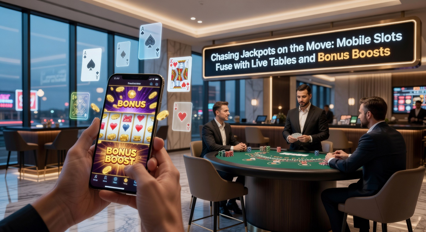 Smartphone mit laufendem Mobile-Slot-Spiel, das Jackpot-Symbole und Live-Dealer-Elemente zeigt, während ein Spieler unterwegs ist