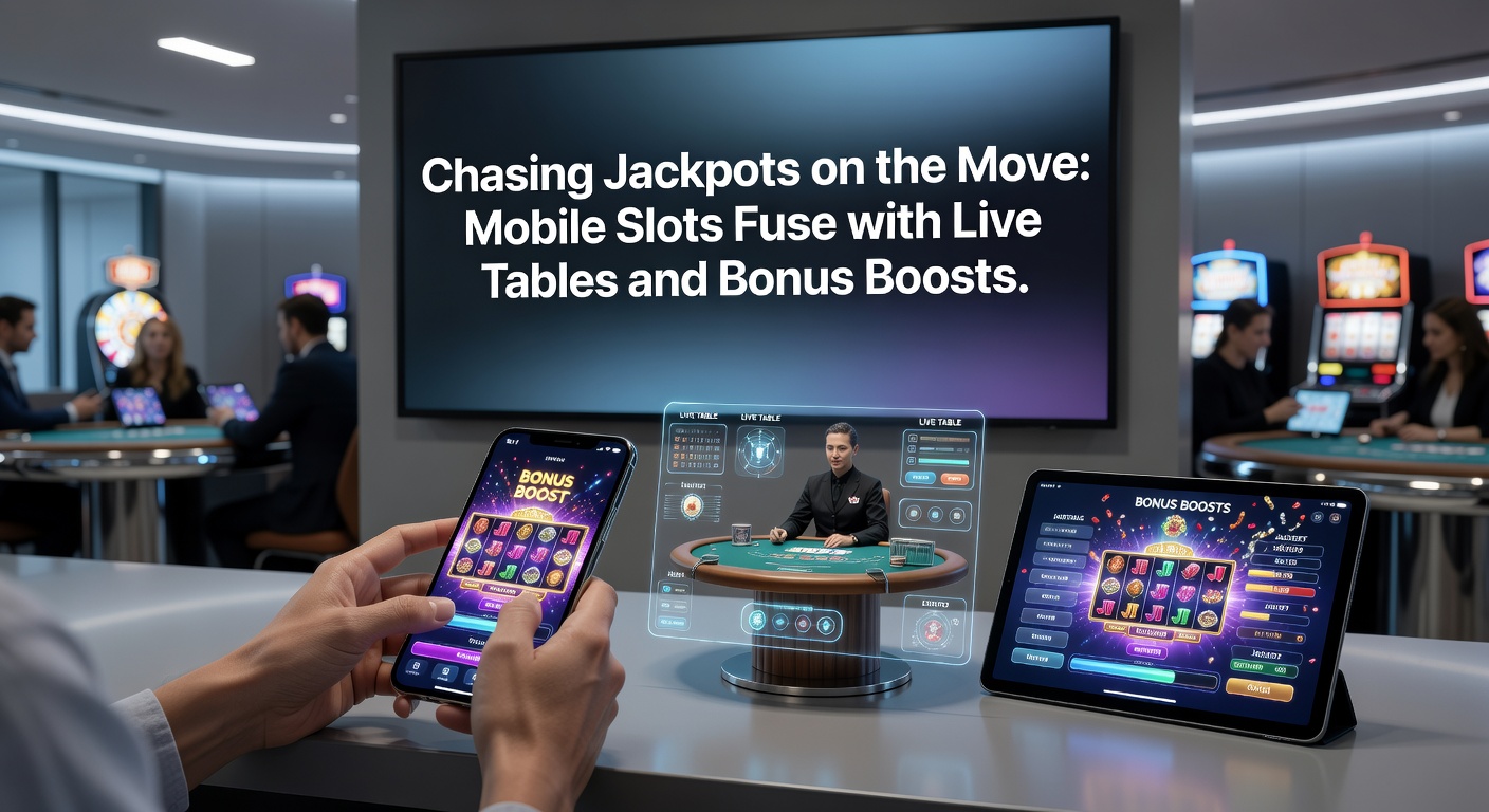 Live-Dealer am Tisch mit mobilen Spielern, die via App auf Jackpots wetten, umgeben von Bonus-Symbolen und Multiplikatoren