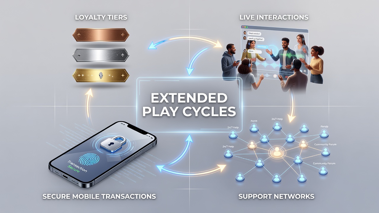 Illustration zu Loyalty Tiers in mobilen Gaming-Plattformen mit gestaffelten Belohnungen und Live-Interaktionen