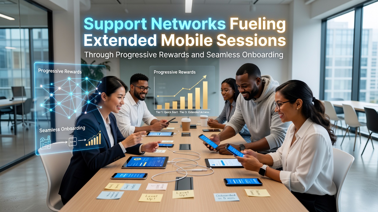 Illustration showing mobile app onboarding flows connected with reward tiers and user support elements