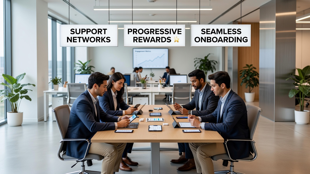 Diagram of support networks linking progressive reward tiers with seamless mobile onboarding paths